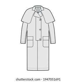 Duster coat technical fashion illustration with long sleeves, napoleon lapel collar, oversized body, midi length, cape. Flat jacket template front, grey color style. Women, men, unisex top CAD mockup