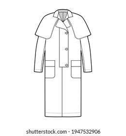 Duster coat technical fashion illustration with long sleeves, napoleon lapel collar, oversized body, midi length, cape. Flat jacket template front, white color style. Women, men, unisex top CAD mockup