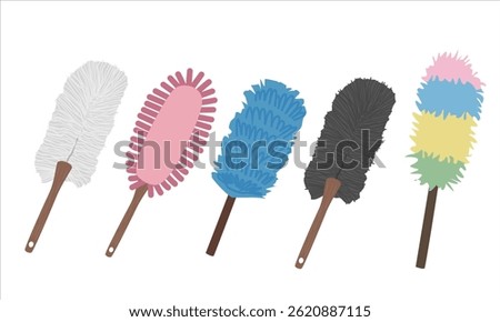 Duster vector illustration in cartoon style. Dust cleaning tool clipart set. House cleaning tool, cleaning supplies flat vector isolated on white background.