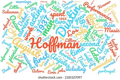 DUSTIN HOFFMAN 8. August 1937 Word Cloud in Vektorkunst Kreativität bunter weißer Hintergrund