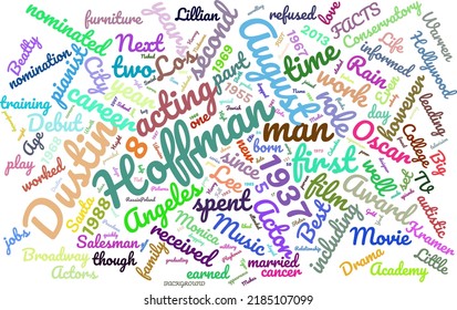 DUSTIN HOFFMAN 8. August 1937 Word Cloud in Vektorkunst Kreativität bunter weißer Hintergrund