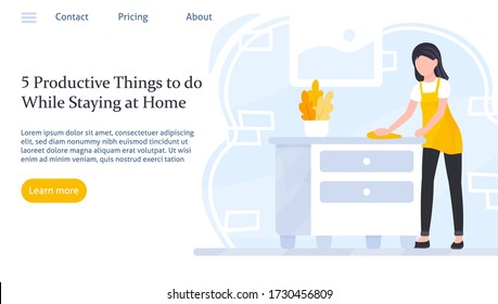 Dusting banner. Woman wipes dust with a rag. Female character in uniform. Housewife doing household chores. Daily routine. Productive activity. Cleaning service Concept vector illustration flat style.