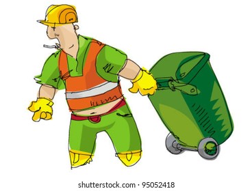 dustman with bin - cartoon