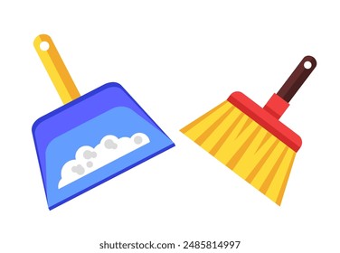 Dustpan and broom brush sweep cleanning isolated concept. Vector graphic design isolated illustration