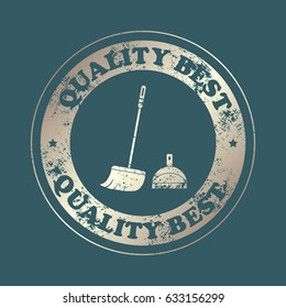  dustpan,  broom,  cleaning, vector icon .  Stamp with text. Quality  best