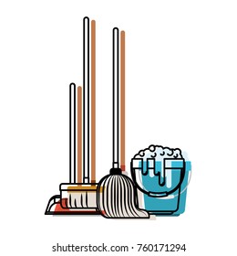 dustpan and broom and mop and bucket with water and soap detergent in colorful watercolor silhouette