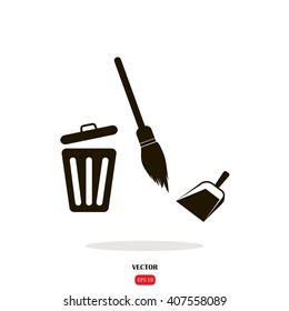 dustpan, broom,trashcan, cleaning, vector icon