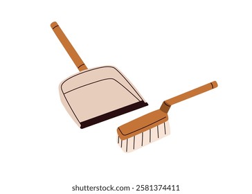 Dustpan and brush, floor cleaning tool. Household accessories for sweeping dirt and litter. Plastic scoop, dust pan, housework supplies. Flat vector illustration isolated on white background