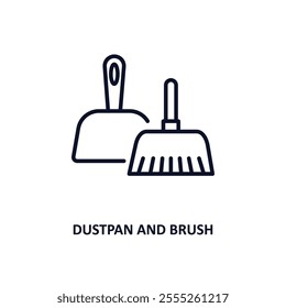 dustpan and brush outline icon.  Thin line icon from construction tools collection. Editable vector isolated on white background