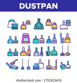 Dustpan And Brush Tool Collection Icons Set Vector. Dustpan And Broom For Cleaning Dust Equipment, Sweeping Housework Cleaner Color Illustrations