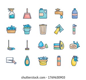 dustpan and cleaning products icon set over white background, line fill style, vector illustration