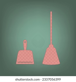 Dustpan equipment. Apricot Icon with Brick Red parquet floor graphic pattern on a Ebony background. Feldgrau. Green. Illustration.