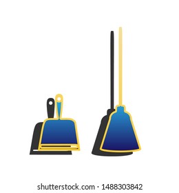 Dustpan equipment. Blue icon with gold contour with dark gray shadow at white background. Illustration.