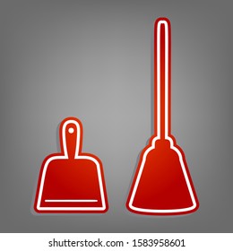 Dustpan equipment. Flat red icon with linear white icon with gray shadow at grayish background. Illustration.