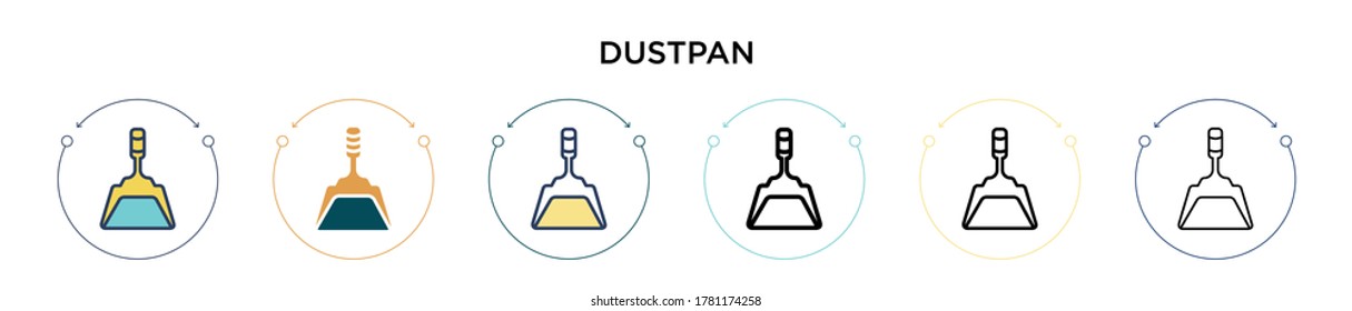 Dustpan icon in filled, thin line, outline and stroke style. Vector illustration of two colored and black dustpan vector icons designs can be used for mobile, ui, web