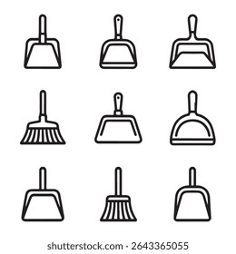 Ícone Dustpan Definido para Limpeza. Ilustração vetorial de vários tipos de poeira e vassoura
