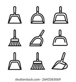 Dustpan Icon Set for Cleaning. Vector Illustration of Various Dustpan and Broom Types
