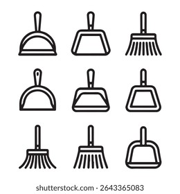 Ícone Dustpan Definido para Limpeza. Ilustração vetorial de vários tipos de poeira e vassoura
