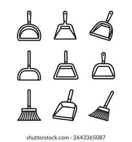 Ícone Dustpan Definido para Limpeza. Ilustração vetorial de vários tipos de poeira e vassoura
