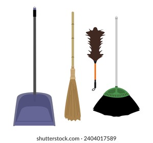 dustpan, scoops, sweeps, broom, broom stick, feather duster, cleaning tools household illustration vector  design