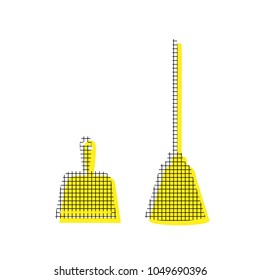 Dustpan sign. Scoop for cleaning garbage housework dustpan equipment. Vector. Yellow icon with square pattern duplicate at white background. Isolated.