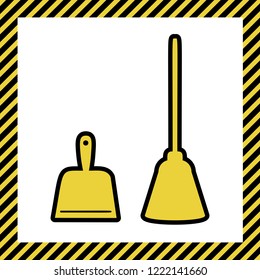 Dustpan sign. Scoop for cleaning garbage housework dustpan equipment. Vector. Warm yellow icon with black contour in frame named as under construction at white background. Isolated.