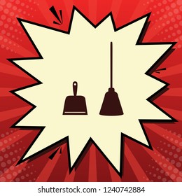 Dustpan sign. Scoop for cleaning garbage housework dustpan equipment. Vector. Dark red icon in lemon chiffon shutter bubble at red popart background with rays.