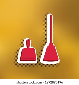 Dustpan sign. Scoop for cleaning garbage housework dustpan equipment. Vector. Magenta icon with darker shadow, white sticker and black popart shadow on golden background.