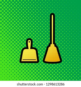 Dustpan sign. Scoop for cleaning garbage housework dustpan equipment. Vector. Pop art orange to yellow dots-gradient icon with black contour at greenish background.