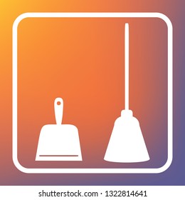 Dustpan sign. Scoop for cleaning garbage housework dustpan equipment. Vector. White icon on transparent button at orange-violet gradient background.