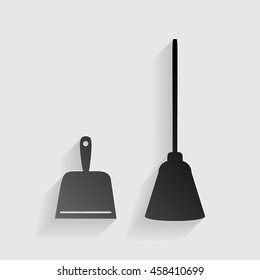Dustpan vector sign. Scoop for cleaning garbage housework dustpan equipment. Black paper with shadow on gray background.