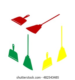 Dustpan vector sign. Scoop for cleaning garbage housework dustpan equipment. Isometric style of red, green and yellow icon.