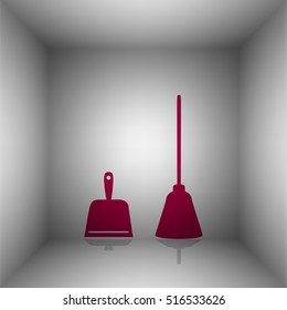 Dustpan vector sign. Scoop for cleaning garbage housework dustpan equipment. Bordo icon with shadow in the room.