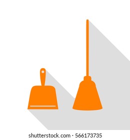 Dustpan vector sign. Scoop for cleaning garbage housework dustpan equipment. Orange icon with flat style shadow path.