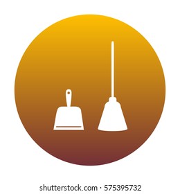 Dustpan vector sign. Scoop for cleaning garbage housework dustpan equipment. White icon in circle with golden gradient as background. Isolated.