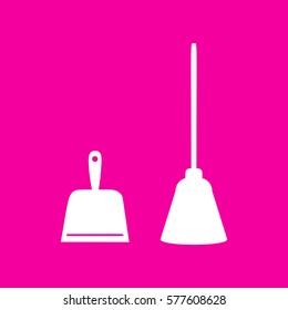 Dustpan vector sign. Scoop for cleaning garbage housework dustpan equipment. White icon at magenta background.