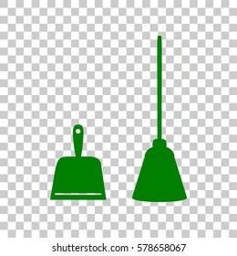 Dustpan vector sign. Scoop for cleaning garbage housework dustpan equipment. Dark green icon on transparent background.