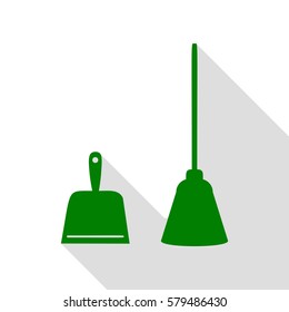 Dustpan vector sign. Scoop for cleaning garbage housework dustpan equipment. Green icon with flat style shadow path.