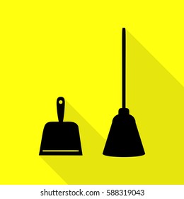 Dustpan vector sign. Scoop for cleaning garbage housework dustpan equipment. Black icon with flat style shadow path on yellow background.