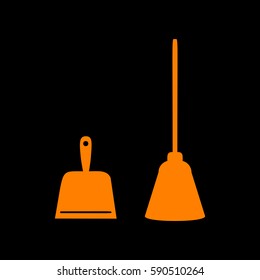 Dustpan vector sign. Scoop for cleaning garbage housework dustpan equipment. Orange icon on black background.