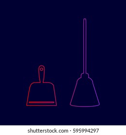 Dustpan vector sign. Scoop for cleaning garbage housework dustpan equipment. Vector. Line icon with gradient from red to violet colors on dark blue background.