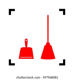 Dustpan vector sign. Scoop for cleaning garbage housework dustpan equipment. Vector. Red icon inside black focus corners on white background. Isolated.