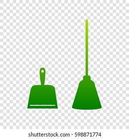 Dustpan vector sign. Scoop for cleaning garbage housework dustpan equipment. Vector. Green gradient icon on transparent background.