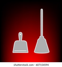 Dustpan vector sign. Scoop for cleaning garbage housework dustpan equipment. Postage stam or old photo style on red-black gradient background.