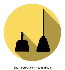 Dustpan vector sign. Scoop for cleaning garbage housework dustpan equipment. Vector. Flat black icon with flat shadow on royal yellow circle with white background. Isolated.