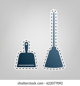 Dustpan vector sign. Scoop for cleaning garbage housework dustpan equipment. Vector. Blue icon with outline for cutting out at gray background.