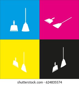 Dustpan vector sign. Scoop for cleaning garbage housework dustpan equipment. Vector. White icon with isometric projections on cyan, magenta, yellow and black backgrounds.