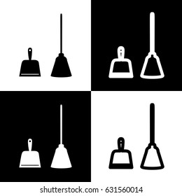 Dustpan vector sign. Scoop for cleaning garbage housework dustpan equipment. Vector. Black and white icons and line icon on chess board.