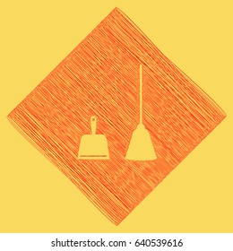 Dustpan vector sign. Scoop for cleaning garbage housework dustpan equipment. Vector. Red scribble icon obtained as a result of subtraction rhomb and path. Royal yellow background.
