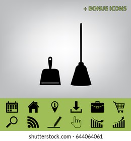 Dustpan vector sign. Scoop for cleaning garbage housework dustpan equipment. Vector. Black icon at gray background with bonus icons